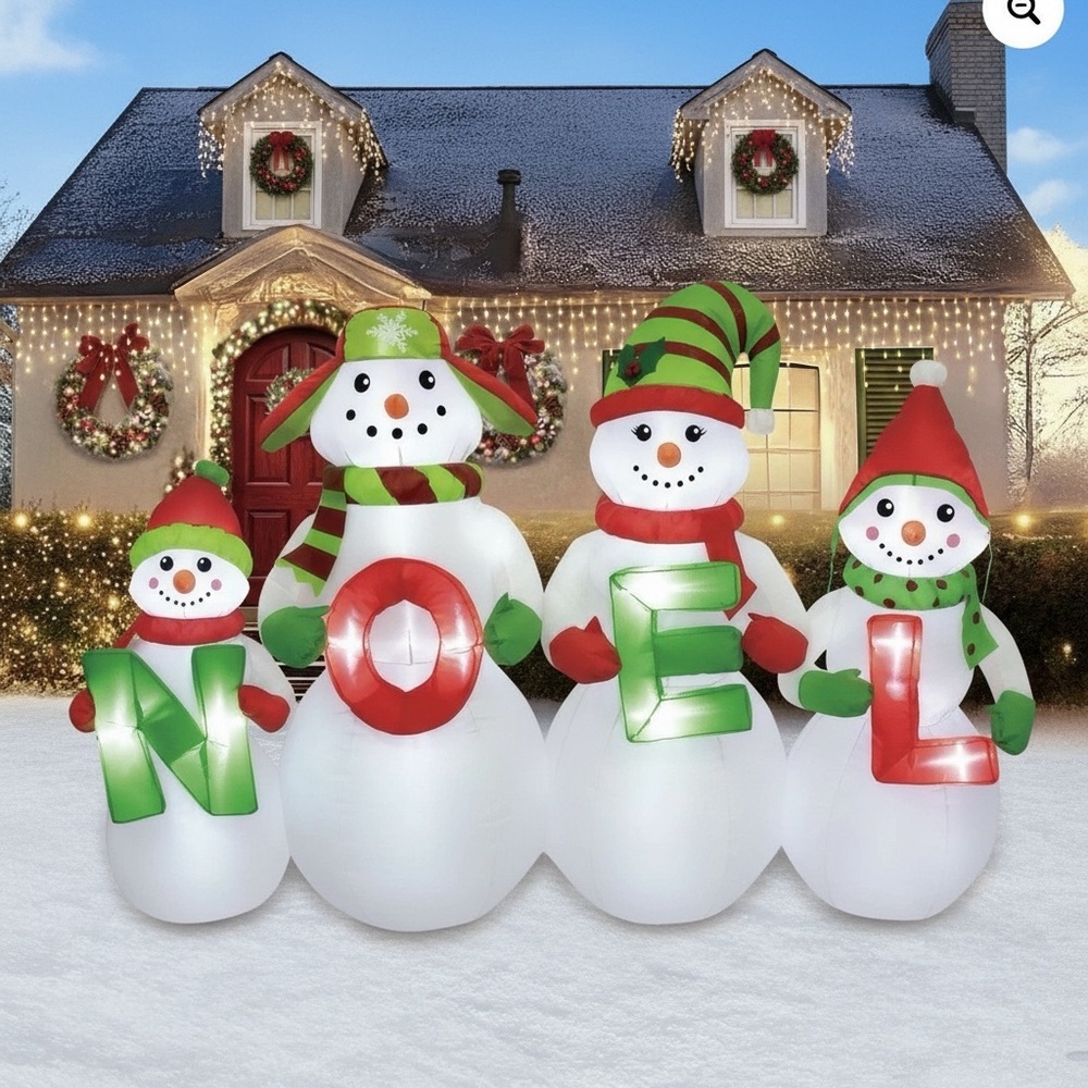 Holiday Time Snowman Family Inflatable with Red and Green Accents
